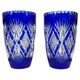 Pair "Violetta" Cobalt Cut To Clear Crystal Vases