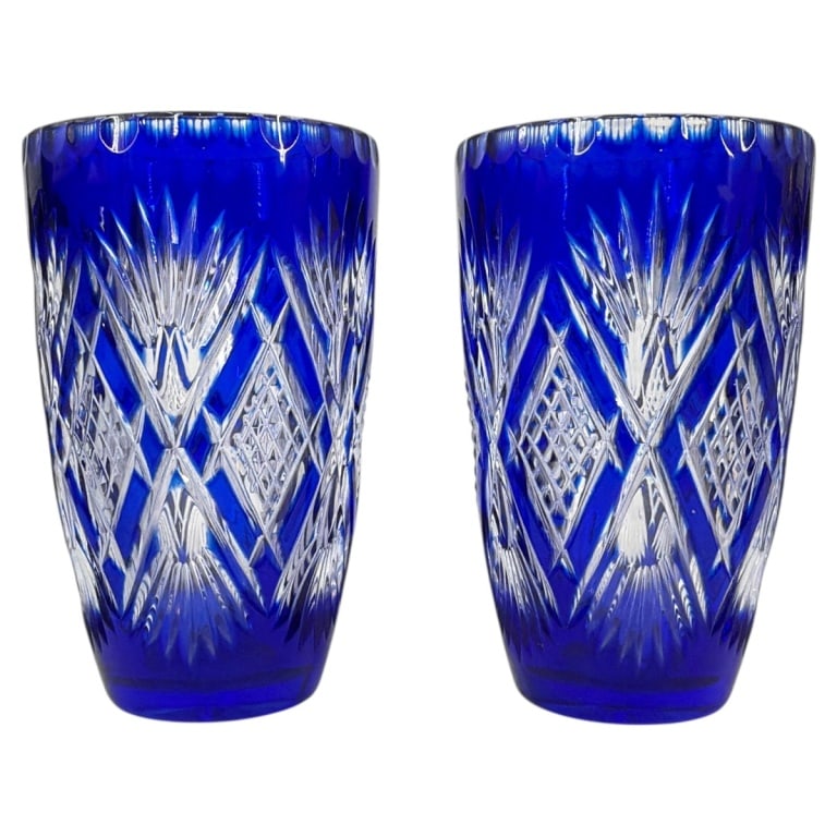Pair "Violetta" Cobalt Cut To Clear Crystal Vases (1 of 3)
