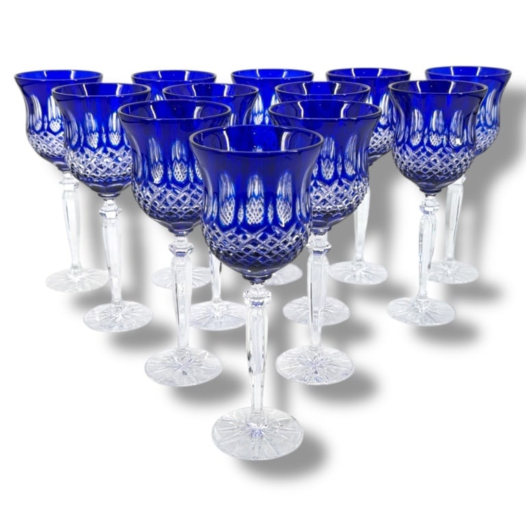 12 European Cobalt Cut To Clear Wine Hocks: 12 European Saint Louis Style Cobalt Cut To Clear Crystal Wine Hocks. Unsigned. Measures 9" H. Condition: No chips or cracks, in good condition consistent with age. Estimate 200 - 400 Domestic shippin