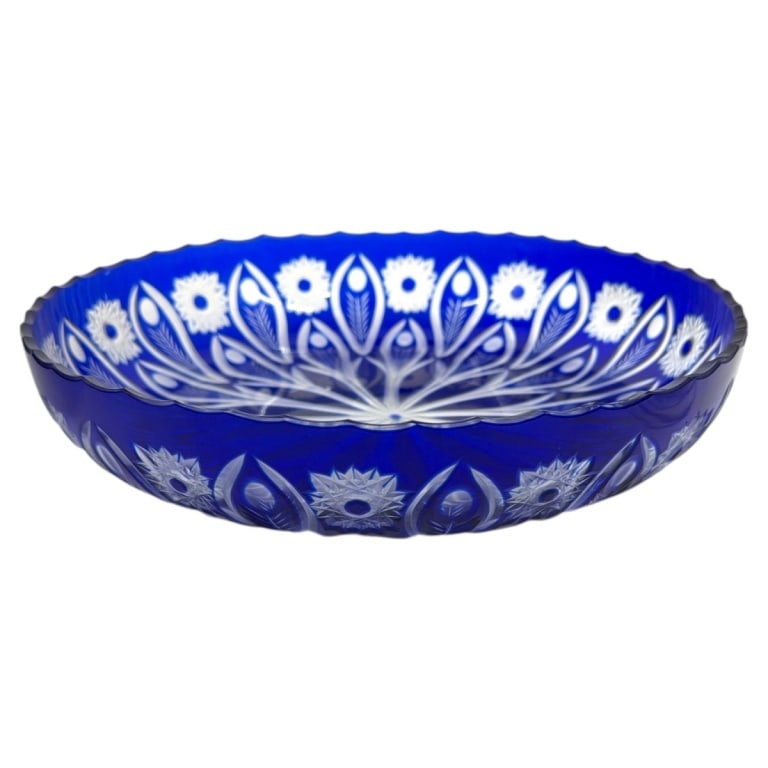 European Cobalt Cut To Clear Bowl w/Box: European Cobalt Cut To Clear Crystal Bowl with Box. Unsigned. Measures 2" H x 12-1/2". Condition: No chips or cracks, in good condition consistent with age and use. Estimate 100 - 300 Domestic shippin