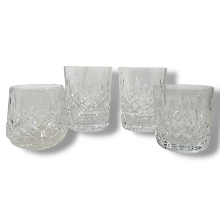 4 Waterford "Lismore" Glasses: 4 Waterford "Lismore" Glasses. Includes 2 double old fashioned 4-3/8", 1 old fashioned 3-3/8" and 1 roly poly 3-3/8". Signed. Condition: No chips, no cracks, in good condition consistent with age and