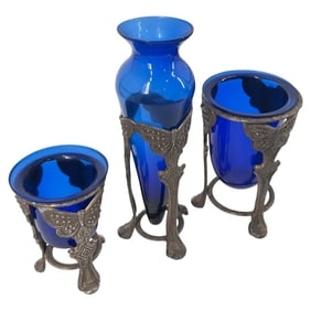 Set of 3 Cobalt Glass Vases in Decorative Stands