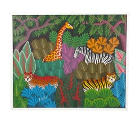 Joel Gauthier Haitian Oil/Canvas "Jungle Scene"