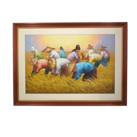 Decorative Signed Oil on Canvas "Rice Pickers"