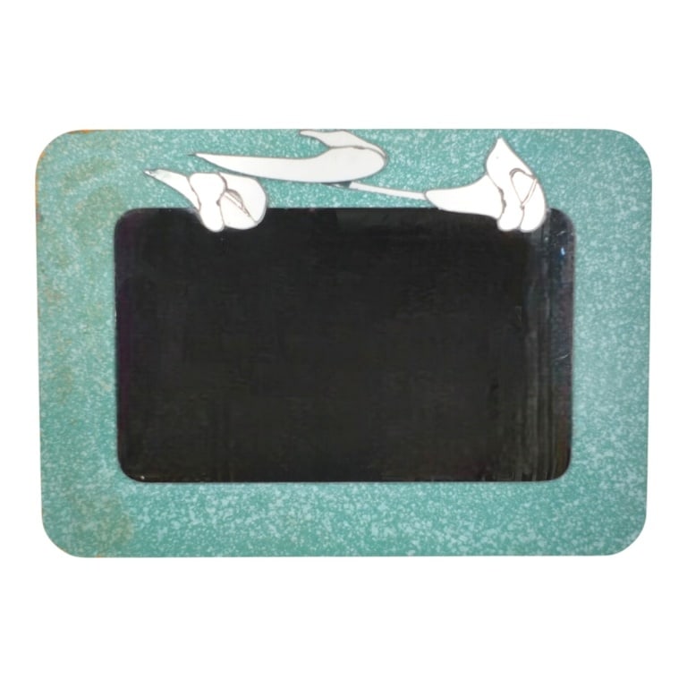 1980's David Marshall Mirror: 1980's David Marshall Mirror. Splattered wood frame with applied frosted glass decorations. Original label verso. Measures 28" x 40". Condition: Some wear to edges. Estimate 100 - 200 Domestic shippin