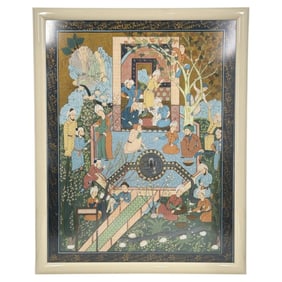 Large Framed Vintage Mughal Watercolor on Silk