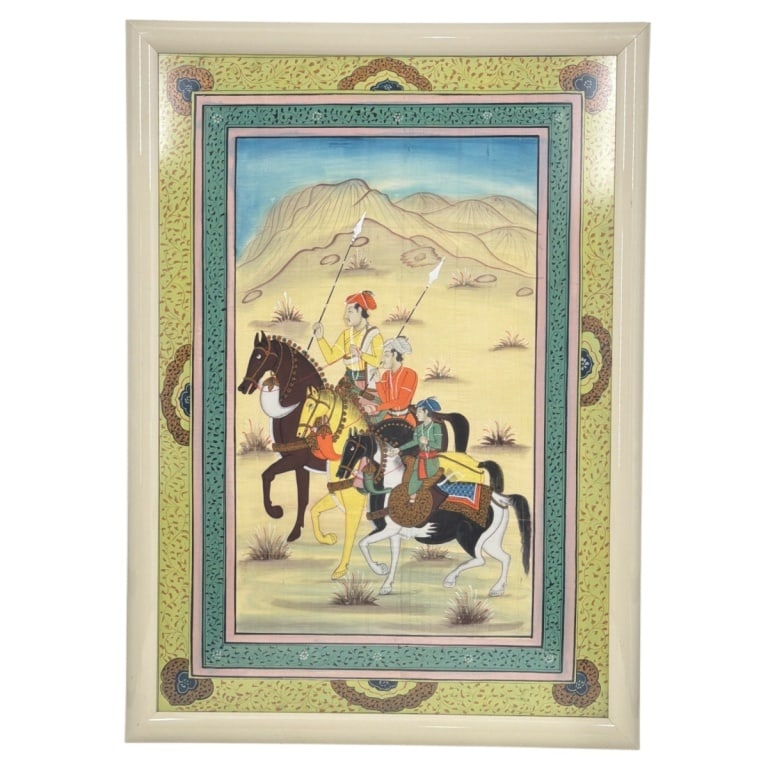 Large Framed Vintage Mughal Watercolor on Silk: Large Framed Vintage Mughal Watercolor on Fabric "Horse Riders". Unsigned. Framed and presented under non-glare glass screen. Measures 41" x 28-1/4" (sight), frame measures 45" x 32-1/4". Condition: G