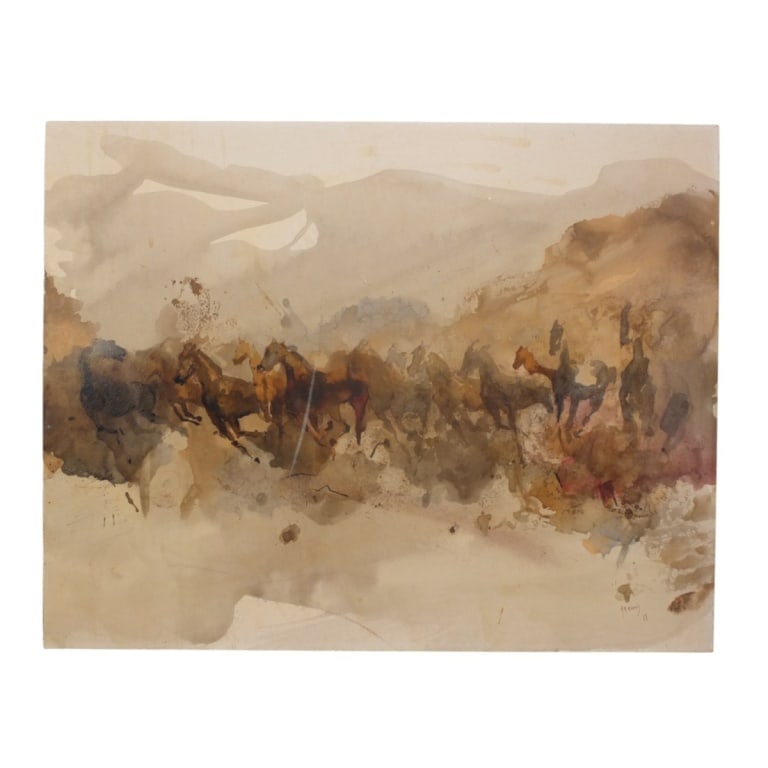 Vintage Watercolor on Board "Galloping Horses": Vintage Watercolor on Watercolor Board "Galloping Horses". Signed and dated Armand '77. Unframed. Measures 22" x 28". Condition: Good condition. Estimate 50 - 150 Domestic shipping Third Party