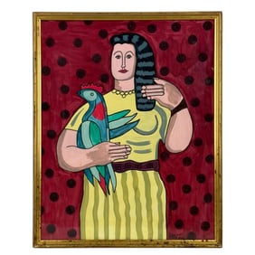 JM Wong Mixed Media "Woman and Parrot"