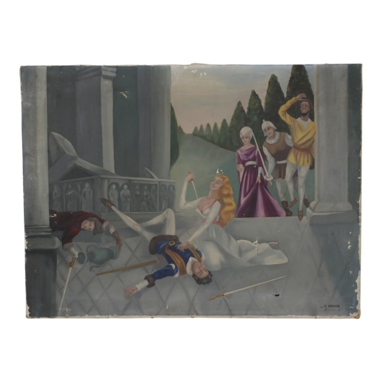 Vintage Oil on Canvas "Fairy Tale" Signed M. Romeo: Vintage Oil on Canvas "Fairy Tale" Signed M. Romeo lower right. Unframed. Measures 23-3/4" x 31-1/2". Condition: Tears, scuffs, paint loss. "AS IS" condition. Estimate 50 - 100 Domestic shipping Third