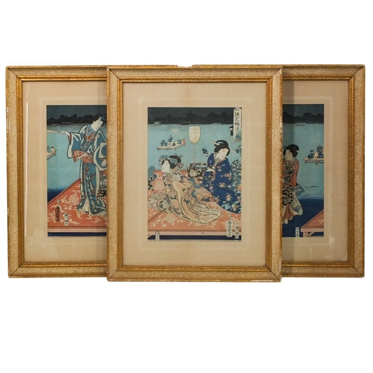 Utagawa Kunisada, Japanese (1786 - 1864): Utagawa Kunisada, Japanese (1786 - 1864) Grouping of Three Woodblock Prints. Each is seal marks on the paper. Frames measure 21" x 17". Condition: Yellowing to each woodblock. One has a few small age