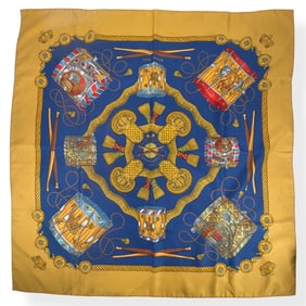 Hermes Blue "Les Tambours" Silk Scarf