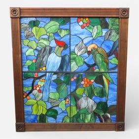 Large Electrified Stained Glass Window "Parrots"