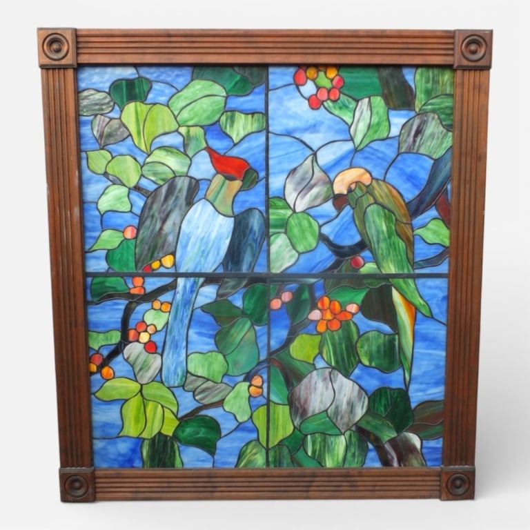 Large Electrified Stained Glass Window "Parrots": Large Vintage Electrified Stained Glass Window "Parrots". The glass set in wood frame. Unsigned. Measures 45" H x 41-1/4"L x 6" D. Condition: Good condition with no breaks. Estimate 300 - 500 Domestic