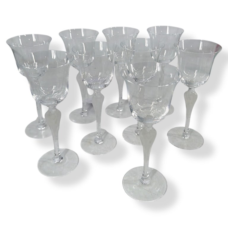 9 Faberge Pavlova Wine Glasses: 9 Faberge Pavlova Wine Glasses. Clear with frosted ballerina in stem. Unsigned. Measures 8-1/8". Condition: Good condition. No chips or cracks. Estimate 100 - 300 Domestic shipping Third Party