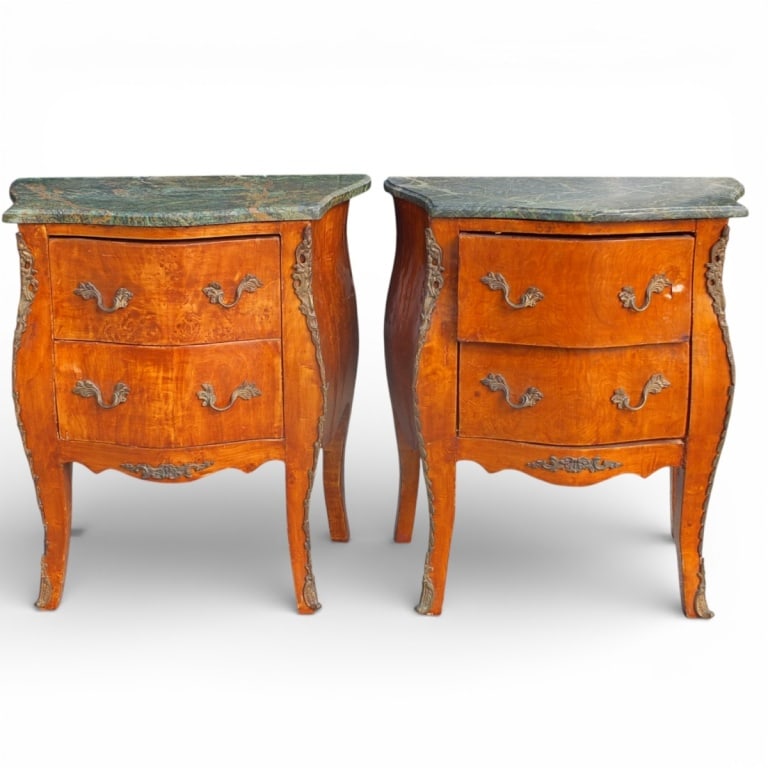 Pair Antique Louis XV Style Nightstands: Pair Antique Louis XV Style Nightstands with Bronze Mountings and Marble tops. Measure 24" H x 24" W x 14" D. Condition: Wear, rubbing consistent with age and use. Estimate 300 - 500 Domestic shipping