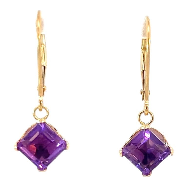 Pair of 14K Yellow Gold & Amethyst Earrings: Pair of vintage 14 karat yellow gold and 5.75 carat square cut amethyst drop earrings. Stamped. Measures Approx. weight: Condition: Good condition. Estimate 150 - 350 Domestic shipping Third party