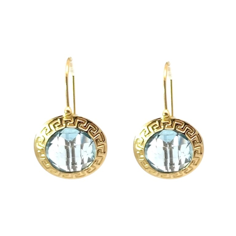 Pair of 14K Yellow Gold & Blue Topaz Earrings: Pair of Versace-style14 karat yellow gold round brilliant cut blue topaz earrings. Measures: 10 mm Approx. weight: 5.5 grams Condition: Good condition. Estimate 600 - 800 Domestic shipping Third party