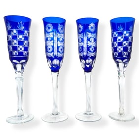 4 Bohemian Czech Cobalt Cut-Clear Champagne Flutes