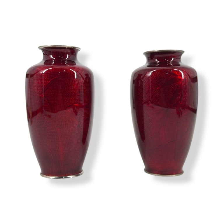 Pair Sato Pigeon's Blood Ginbari Enamel Vases: Pair Sato Pigeon's Blood Ginbari Enamel Vases. Enameled Bamboo motif. One is stamped Japan, (logo), Sato Cloisonne. Measures 7-1/2" H. Condition: One with a few tiny surface scuffs and rubbing to rim.