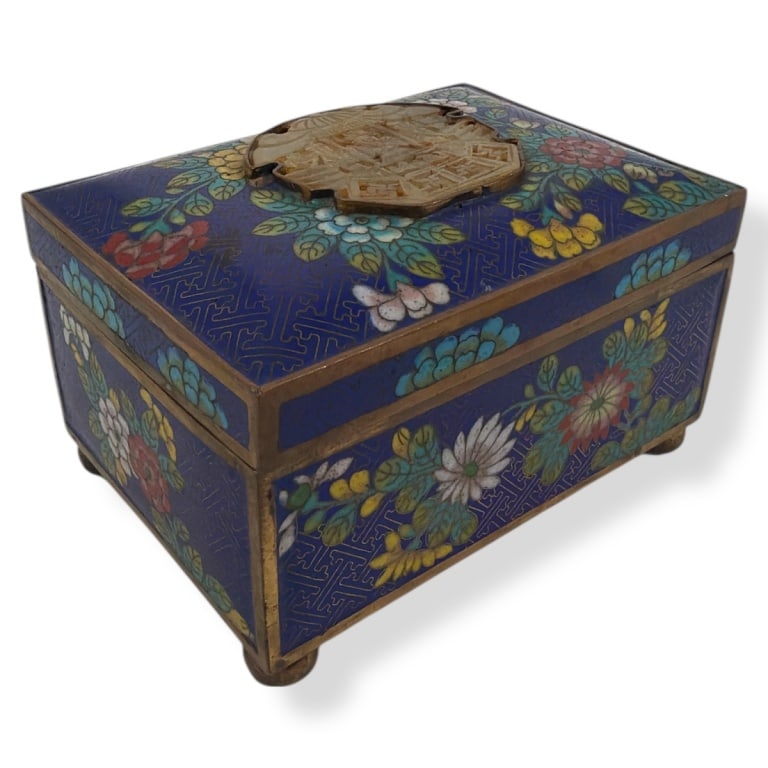 Antique Chinese Cloisonne Jade Box: Antique Chinese Cloisonne Jade Box. Enamel and brass box with center carved jade medallion. Unsigned. Box measures 3-1/2" H x 5" x 3-3/4". Medallion measures 2-1/4". Condition: Good condition consiste