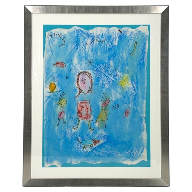 Mixed Media on Paper, Signed Miro "Abstract": Vintage Mixed Media on Torn Paper "Abstract". Signed Miro upper left. Framed and presented under glass screen. Measures 23-1/2" X 17-1/2" (sight) Frame measures 29-1/2" x 23-3/4". Has not been examine