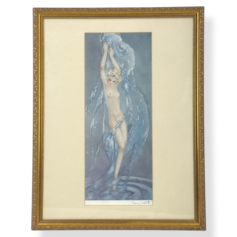 Louis Icart Etching and Aquatint "Fountain": Louis Icart (French, 1888-1950) Etching and aquatint "Fountain". Signed in pencil and numbered 12/250 lower margin, Paris windmill blind stamp lower left. Framed, matted and presented under glass scre