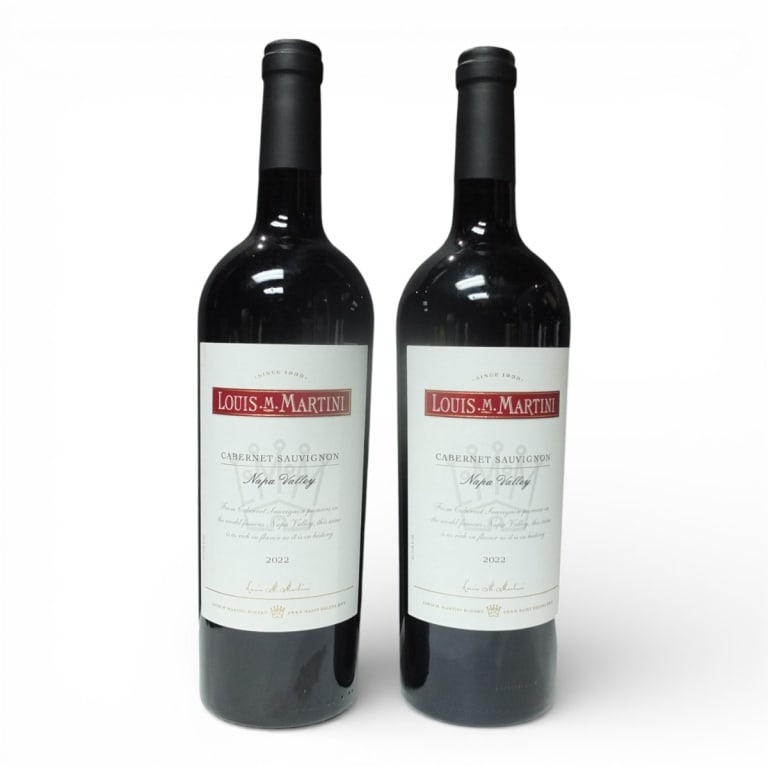 (2) Louis M Martini 2022 Cabernet Sauvignon: (2) Louis M Martini 2022 Napa Valley Cabernet Sauvignon, 750ml Bottles. Offered from a South Florida Private Collection. Bidders are purchasing the bottle and its historically significant, unbroken ta