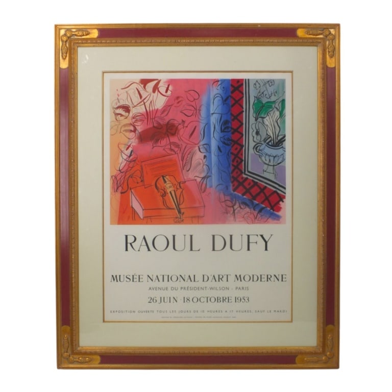 Raoul Dufy Lithograph Poster Musée National D'Art: After: Raoul Dufy, French (1877-1953) Lithographic Poster "Musée National D'Art, Mourlot, Paris, 1953". Framed, matted and presented under acrylic screen. This piece has not been examined out of the