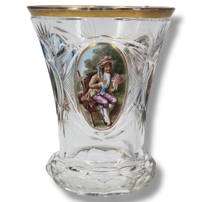 Antique Bohemian Enameled Glass Beaker: Antique Bohemian Enameled Glass Beaker. The clear glass decorated with 3 hand painted vignettes and gilt rim. Unsigned. Measures 5" H. Condition: Light wear or in good condition consistent with age an