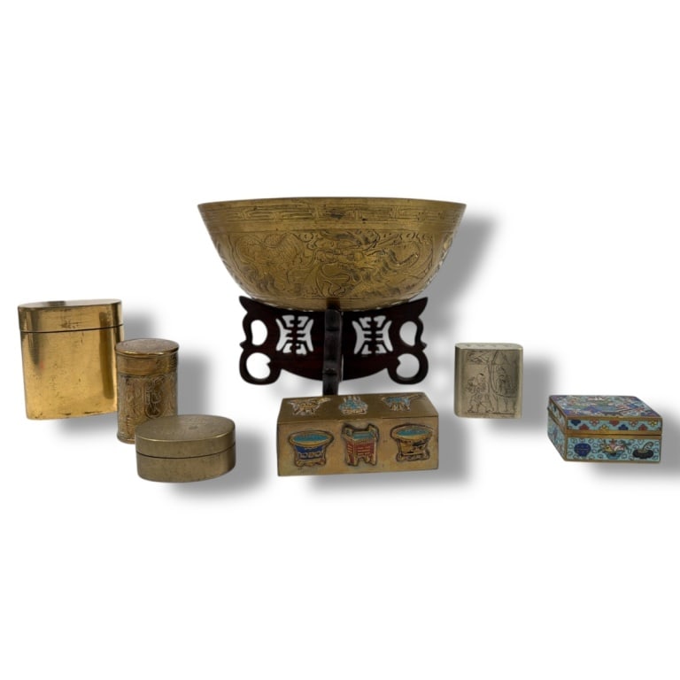 7 Pc Lot of Vintage Chinese Brass Bowl and Boxes (1 of 4)