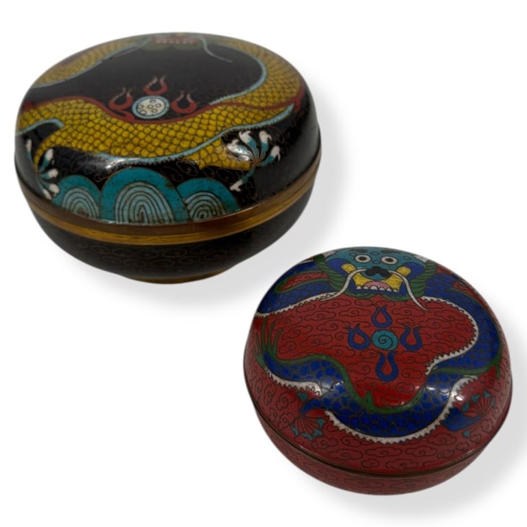 2 Chinese Republic Cloisonne Round Dragon Boxes: 2 Chinese Republic Cloisonne Round Dragon Boxes. Unsigned. Measures 2-1/2" x 5"; 2" x 3". Condition: Good condition consistent with age. Estimate 200 - 400 Domestic shipping Third Party