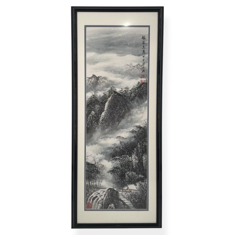Vintage Chinese Watercolor "Snowy Mountain": Vintage Chinese Watercolor "Snowy Mountain Landscape" Inscribed, red seals. Framed, matted and presented under acrylic screen. Measures 36-1/2" x 12-1/2" (sight), frame measures 45" x 18-1/2". Conditi