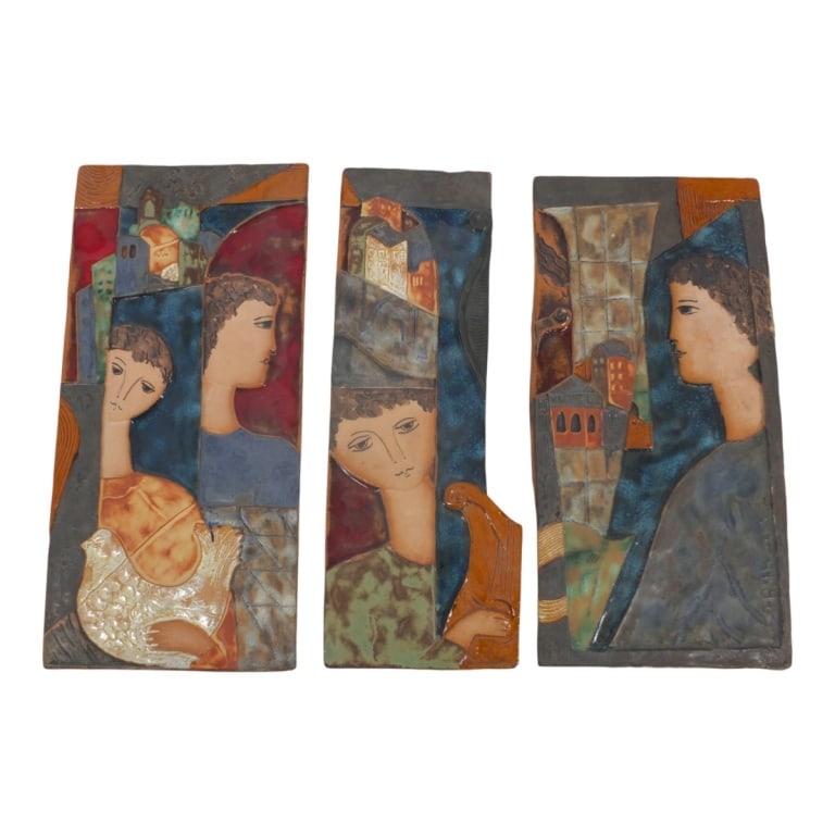 3 Ruth Faktor / Faktorowicz Ceramic Plaques: Ruth Faktor / Faktorowicz - (Israeli, B. 1937) 3 Bas Relief Ceramic Plaques. Signed F. Ruth. Measures 18" x 6-5/8", 17-3/4" x 8-3/4", 18-1/4" x 8-1/2". Condition: Glue residue on verso or in good cond
