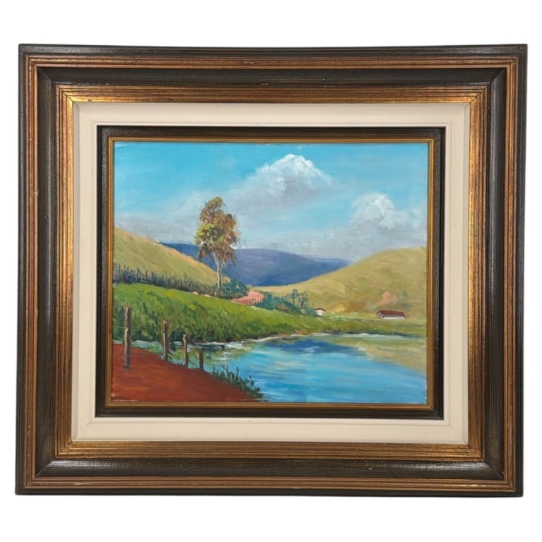 Vintage Signed Oil on Panel, Plein Air Landscape: Vintage Oil on Masonite "Plein Air Landscape'. Signed lower right Giantrolo??. Framed. Measures 15" x 18", frame measures 25-1/2" x 28-1/2". Condition: Good condition. Estimate 100 - 300 Domestic ship