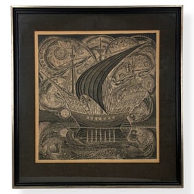Vintage Linocut on Paper "Russian Ship"