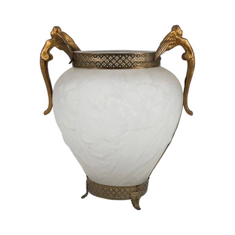 Vintage French Glass Vase: Vintage French art nouveau frosted glass vase with winged angel handles. Measures 11", 9-1/2". Condition: Good condition. Estimate 100 - 300 Domestic shipping Third party