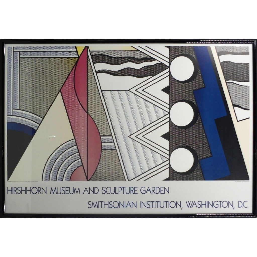 Roy Lichtenstein 1987 Poster for Hirshhorn Museum: Roy Lichtenstein, American (1923-1997) 1987 Poster for Hirshhorn Museum and Sculpture Garden, Smithsonian Institution, Washington, DC. Unsigned. Well framed and presented under glass screen. Measures