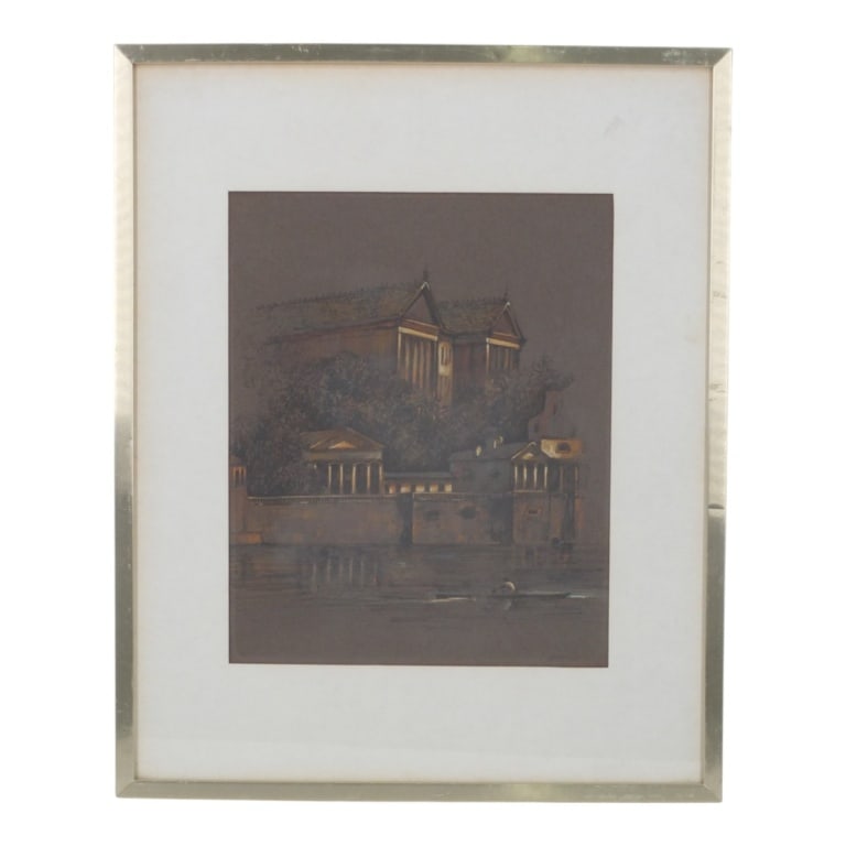 Vintage Pastel on Paper "Architectural Landscape": Vintage Pastel on Paper "Architectural Landscape" . Signed Capezio lower right. Framed, matted and presented under glass screen. Measures 13" x 10-1/2" (sight), frame measures 21" x 17". Condition: Go