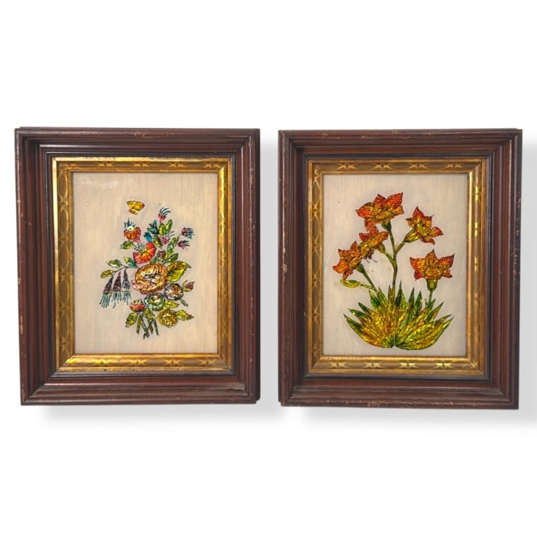 3 Victorian Period Wood Picture Frames: 3 Victorian Period Wood Frames. Each with vintage 1970's tinsel foil folk art under glass (can be removed for shipping). 2 measure 14-1/8" x 12-1/8", the other 14-7/8" x 12-3/4". Condition: Scratches,