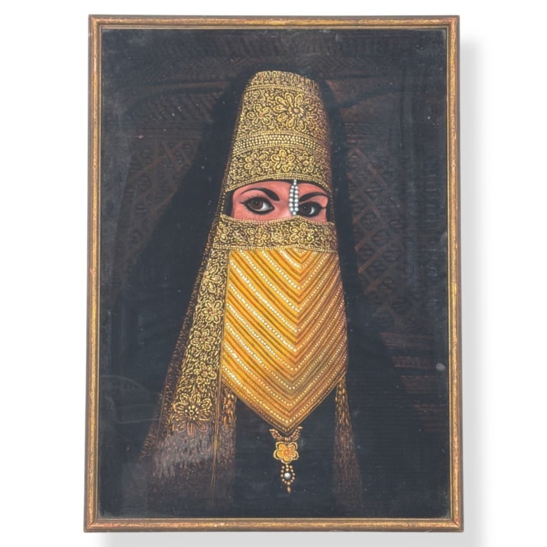 Vintage Persian Painting on Velvet "Arabic Beauty": Vintage Persian Painting on Velvet "Arabian Beauty". Unsigned. Framed and presented under glass screen. Measures 27-1/2" x 20", frame measures 29" x 21". Condition: Good condition. Estimate 100 - 300