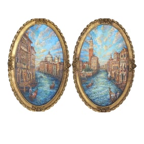 Pair of Mid-Century Venetian Style Oil on Board Paintings