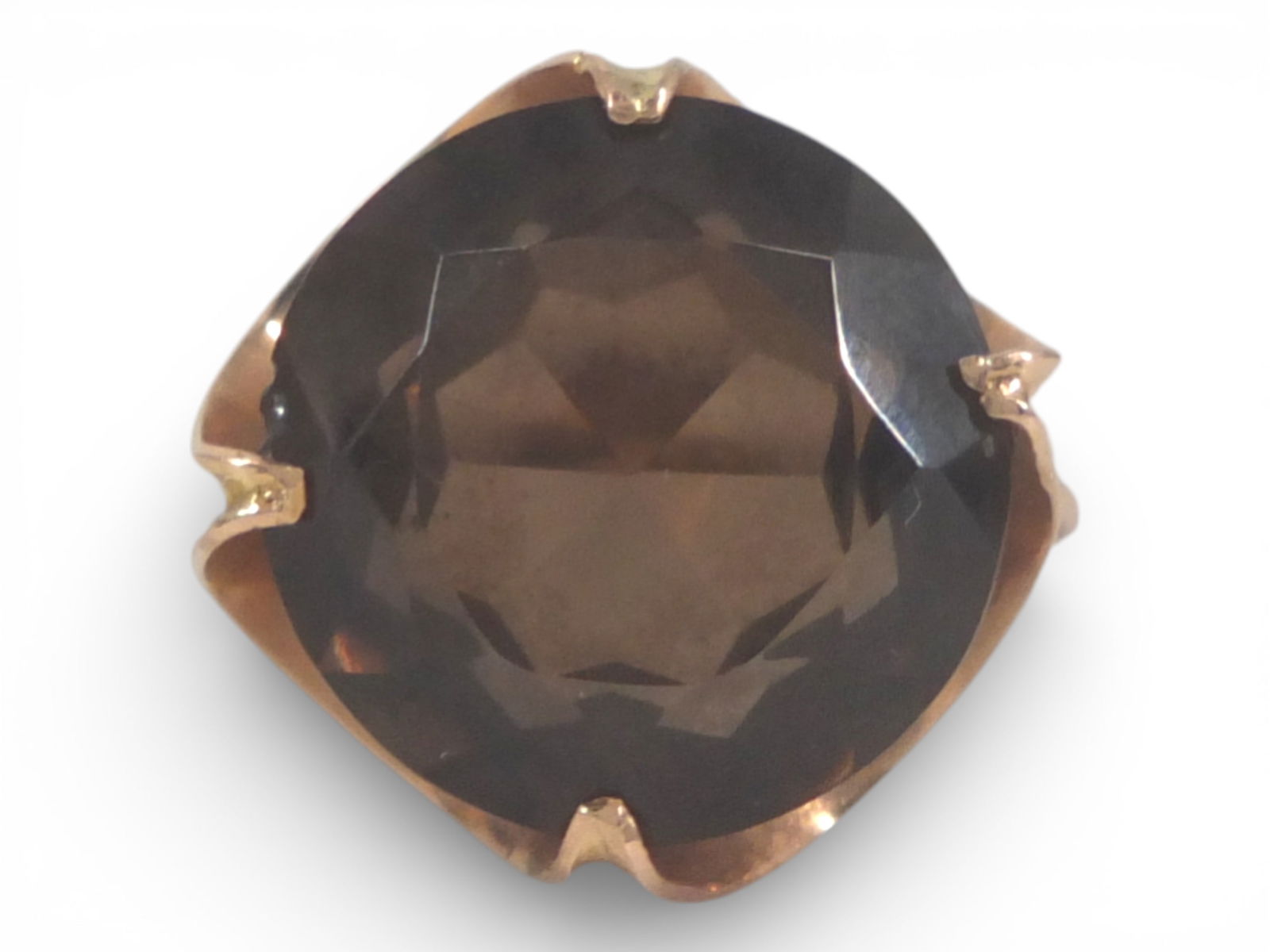 Vintage 14K & Topaz Ring: Vintage 14 Karat Rose Gold Ring with Round Smokey Topaz. Stamped. Size:7. Approx. weight:6.1 grams. Condition: Small chip to the rim of the topaz. Estimate 600 - 800 Domestic shipping Third party