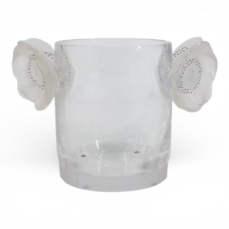 Lalique "Constance" Crystal Champagne Cooler: Lalique "Constance" Crystal Champagne Cooler Ice Bucket. Features "Anemone" handles. Signed. Measures 7" H x 10-1/2" W. Condition: Good condition with no chips or cracks. Estimate 500 - 1000 Domestic