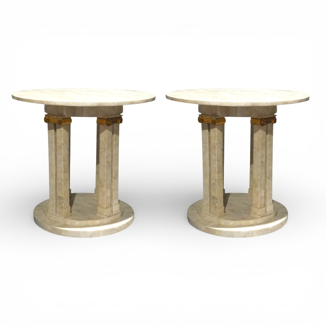 PR Hollywood Regency Style Tessellate Stone Tables: Pair Hollywood Regency Style Tessellate Stone Side Tables With Gilt Accents. Maitland Smith style. Unsigned. Measures 22-1/4" H x 24" diameter.