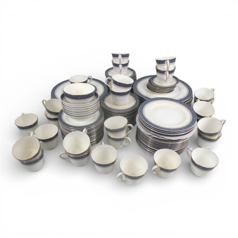 HUGE Royal Doulton Sherbrooke Dinnerware Set: HUGE 129 Piece Royal Doulton Sherbrooke Dinnerware Set. Includes: 25 Dinner Plates, 10-5/8" 23 Salad Plates, 8" 20 Bread & Butter Plates, 6-1/2" 16 Cups, 3" 31 Saucers, 6" 6 Saucers, 5" 7 Fruit