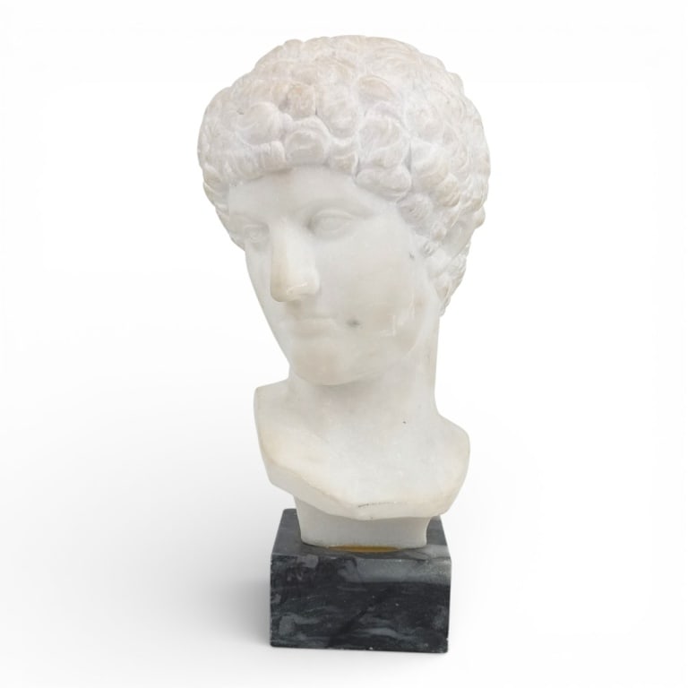 After Filli Pugi, Marble Bust of Antinous: After Filli Pugi (late 19th C), Vintage Marble Bust of Capitoline Antinous on marble base. Unsigned. Measures 13" H. Condition: Some surface scuffs, wear consistent with age. Estimate 400 - 600