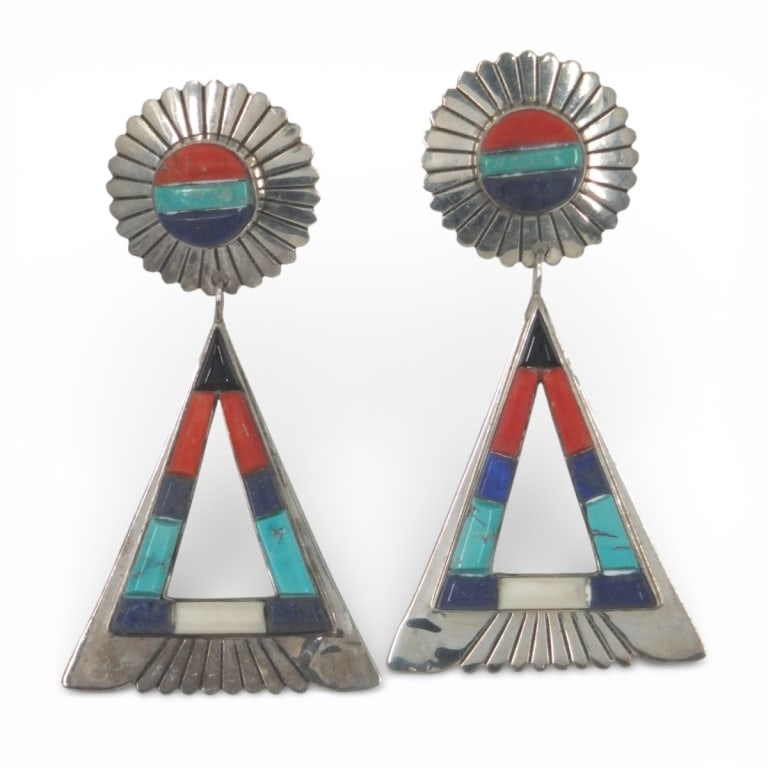 Jim Yazzie Zuni Sterling & Stone Dangle Earrings: Pair of Vintage Jim Yazzie Native American Zuni Sterling Silver & Semi-Precious Stone Dangle Earrings. Signed. Measures 2-3/4" x 1-1/2". Weighs approx. 30 grams. Condition: Good condition. Estimate