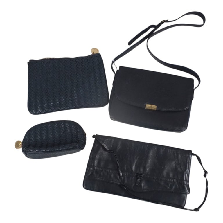 4 Navy Leather Bags, Mark Cross, Nieman Marcus: 4 Navy Leather Bags. Lot includes a Mark Cross shoulder bag, an unlabeled shoulder bag, 2 Neiman Marcus braided leather accessory bags. Cross bag measures 6-1/2" x 10" x 2". Condition: Good condition