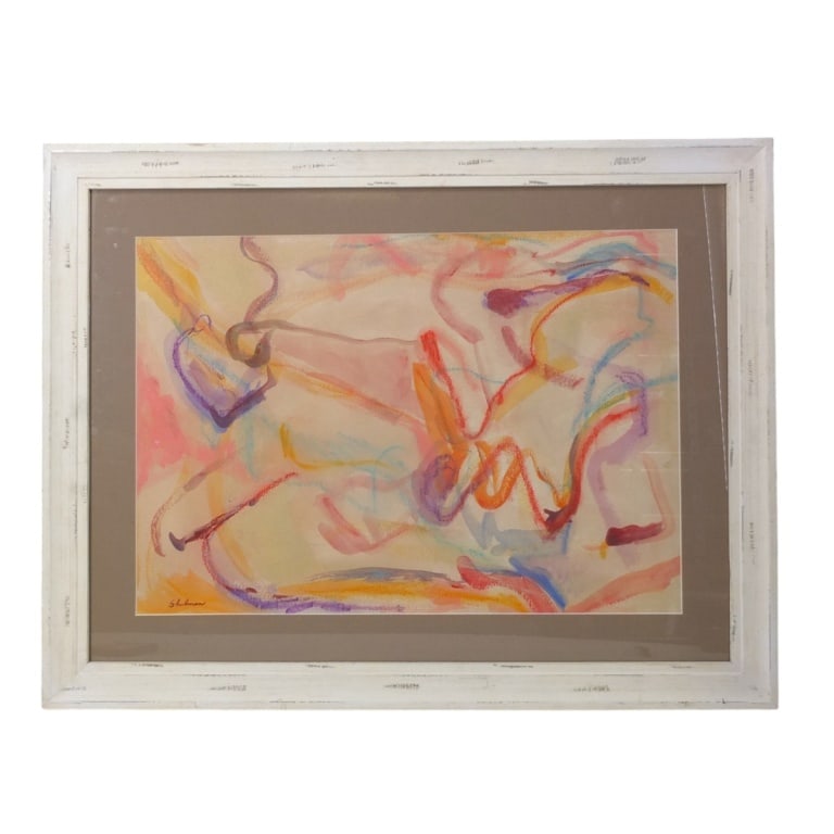 Morris Shulman Casein on Arches Paper "Untitled": Possibly Morris M. Shulman, American (1912 - 1978) Casein on Véritable Papier d’Arches "Untitled". Signed lower left , Arches blindstamp lower right. Framed and presented under glass screen. Measur